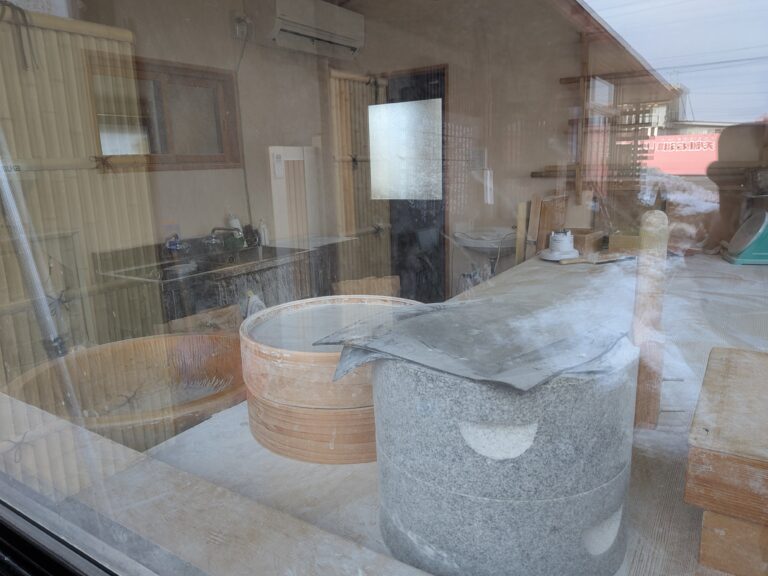 Nishinochaya soba-making workshop visible through glass