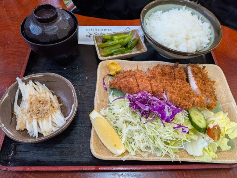 Tonkatsu set meal with rice, miso soup, and sides at Nishinochaya