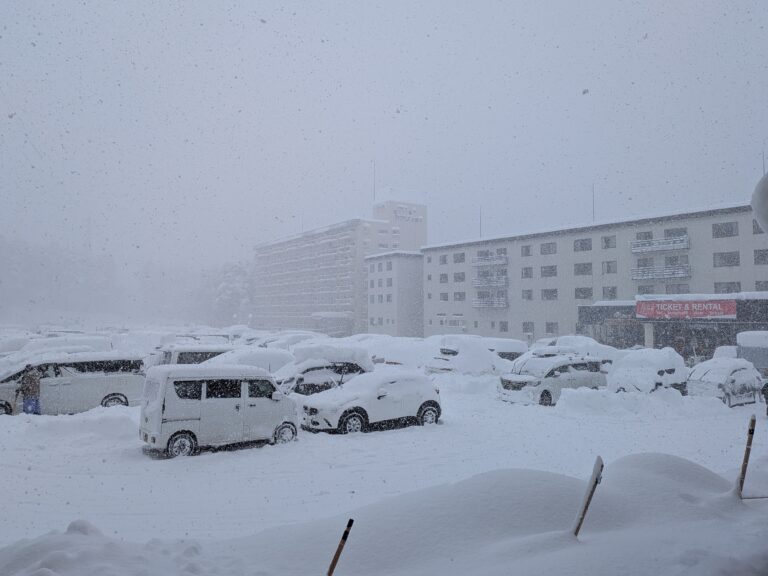 Kijimadaira Ski Resort parking lot buried in heavy snow